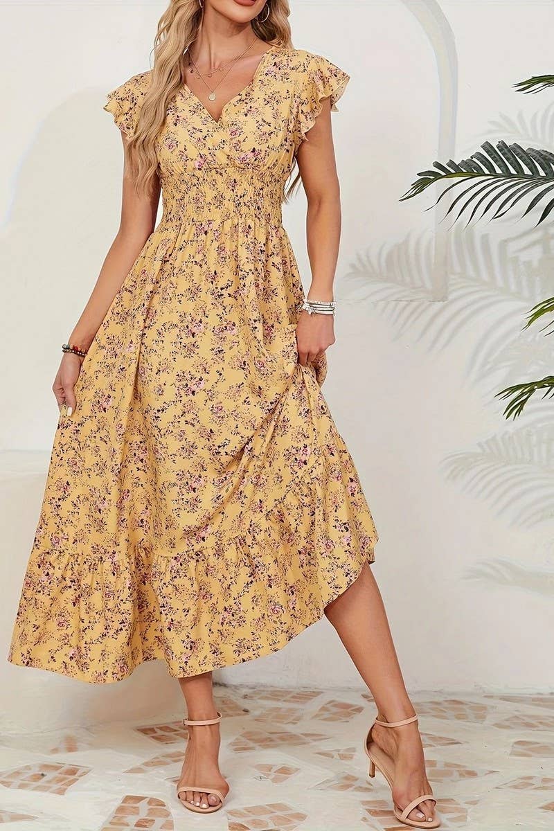 CWDMD6114_V-NECK FLORAL FRENCH STYLE SHORT SLEEVE DRESS