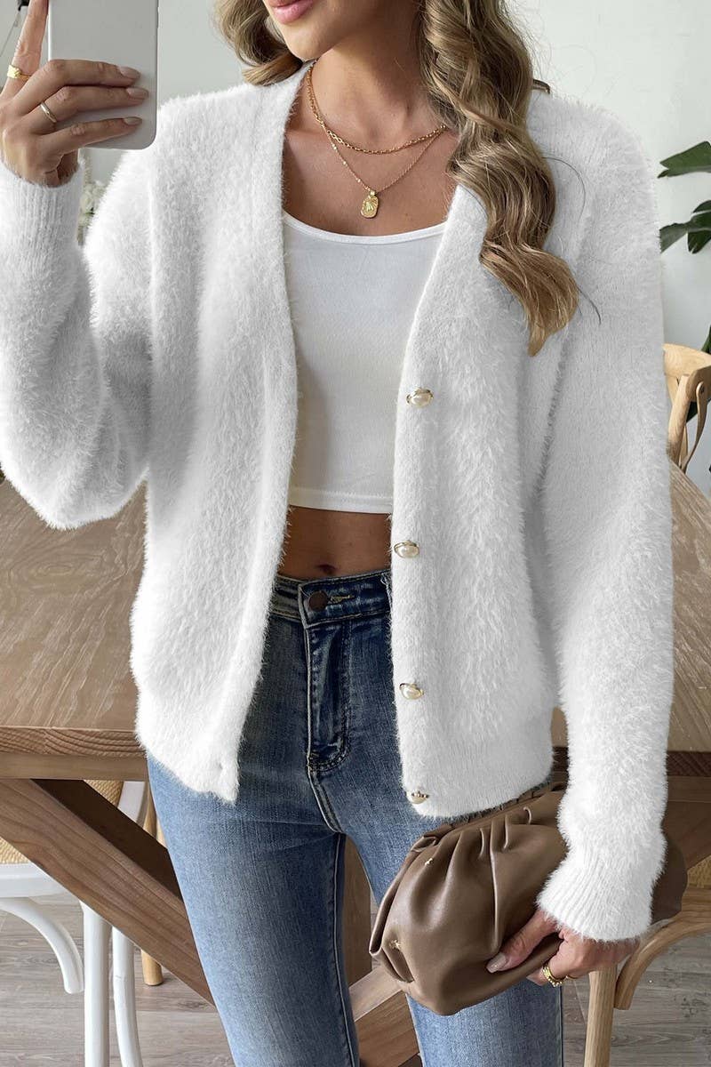 CWOSWL07337_WOMEN FAUXPEARL BUTTON KNIT CARDIGAN