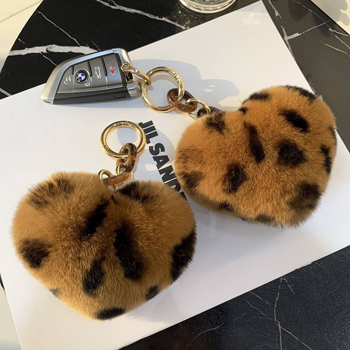 LEOPARD PRINT FUR BALL HEART SHAPE BAG KEYCHAIN