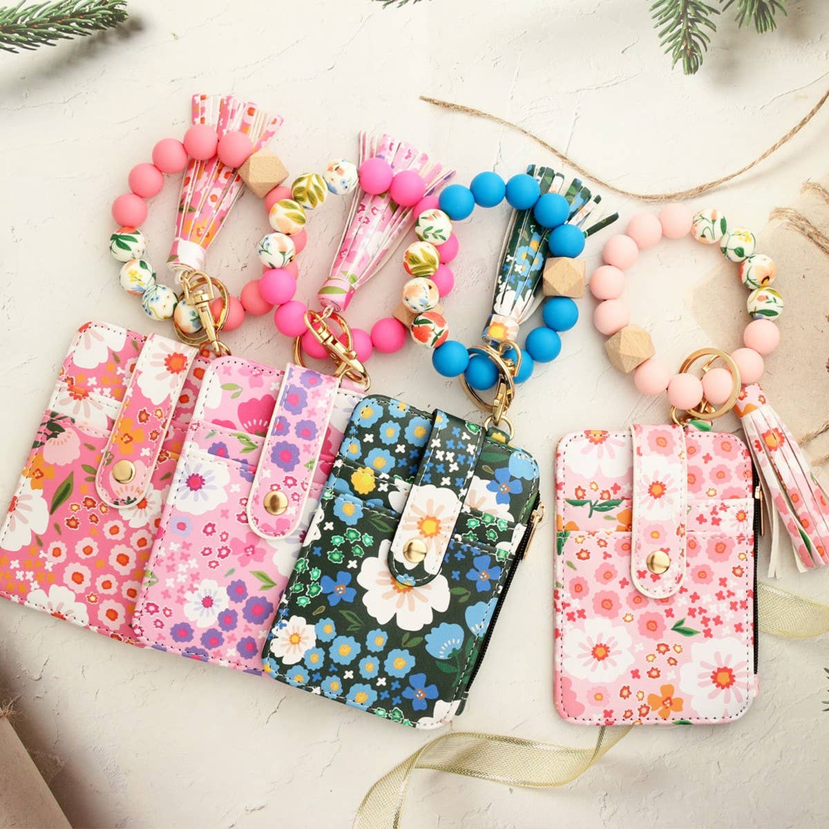 Floral PU Wallet with Bead Bracelet & Card Holder_CWAB4955