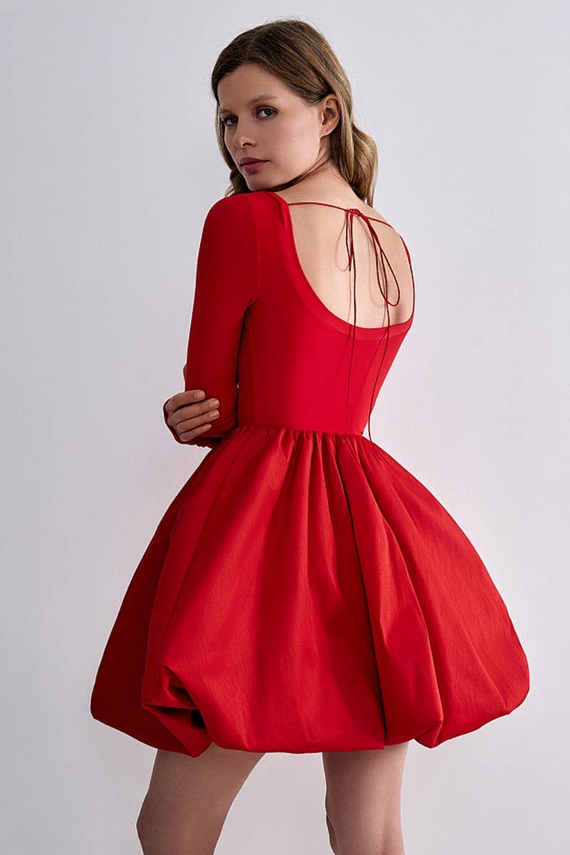 CWDSD6822_SQUARE NECK BALLET FLOWER BUD SKIRT DRESS