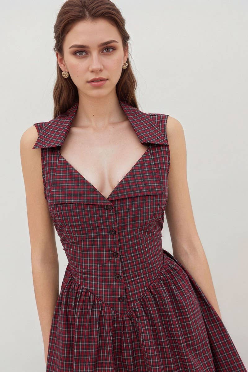 CWDSD8873_PLAID HALTER POLO NECK SLEEVELESS MINI DRESS