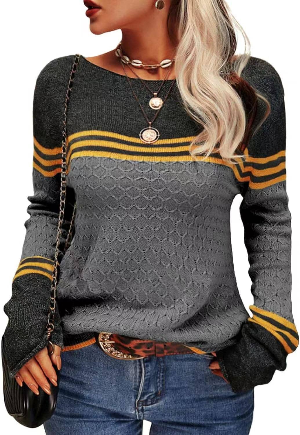 STYLISH CREW-NECK SWEATER WITH STRIPES AND COLORS