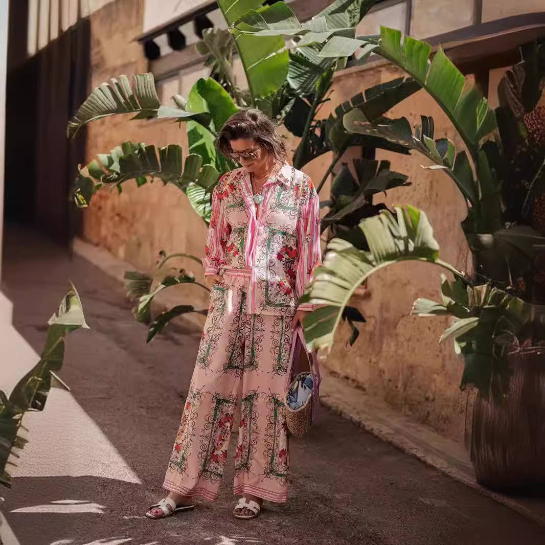 Fashionable printed macaron long sleeve shirt set