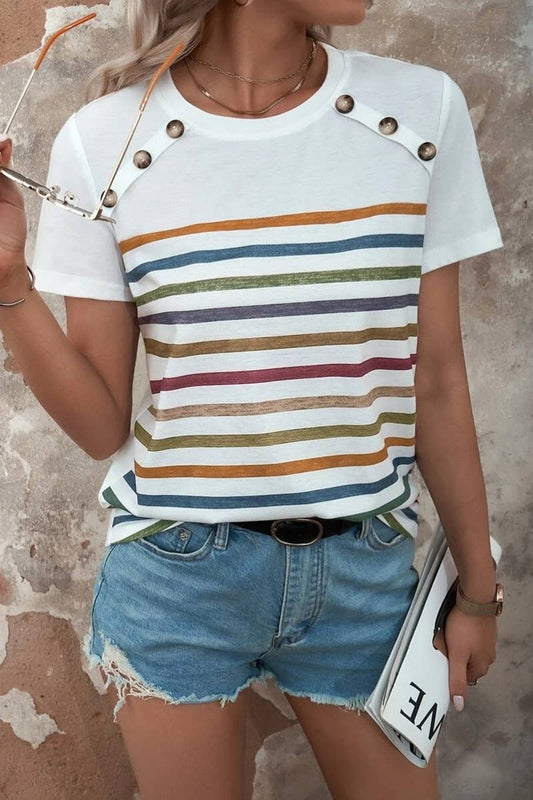 Cwtbls1145_Summer Striped Print Button-Up Short Sleeve Top