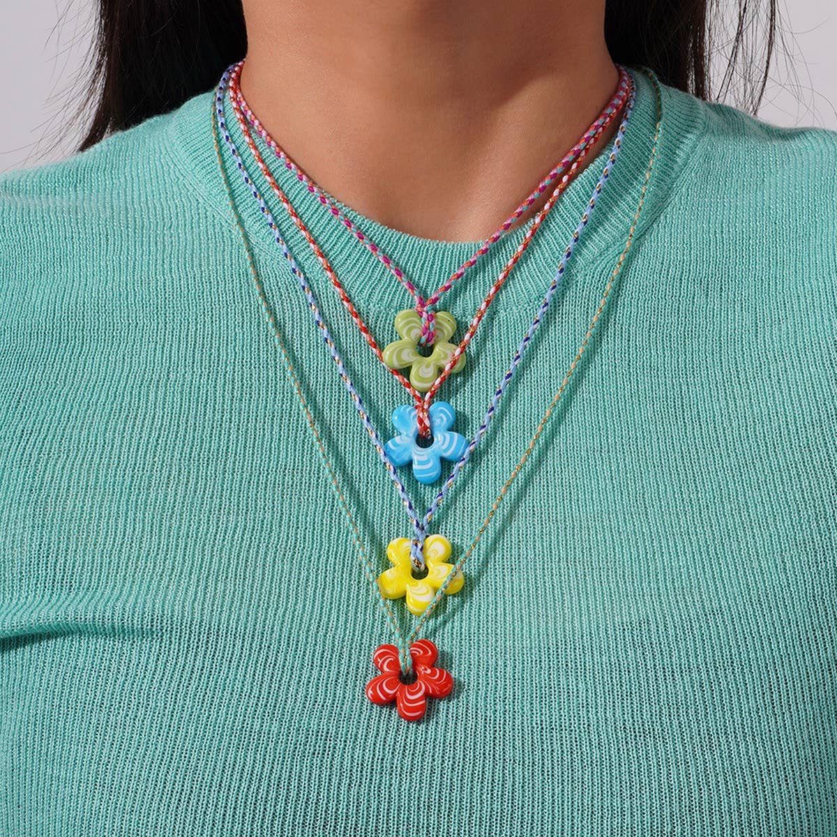 Colorful Glass Flower Pendant Rope Necklace
