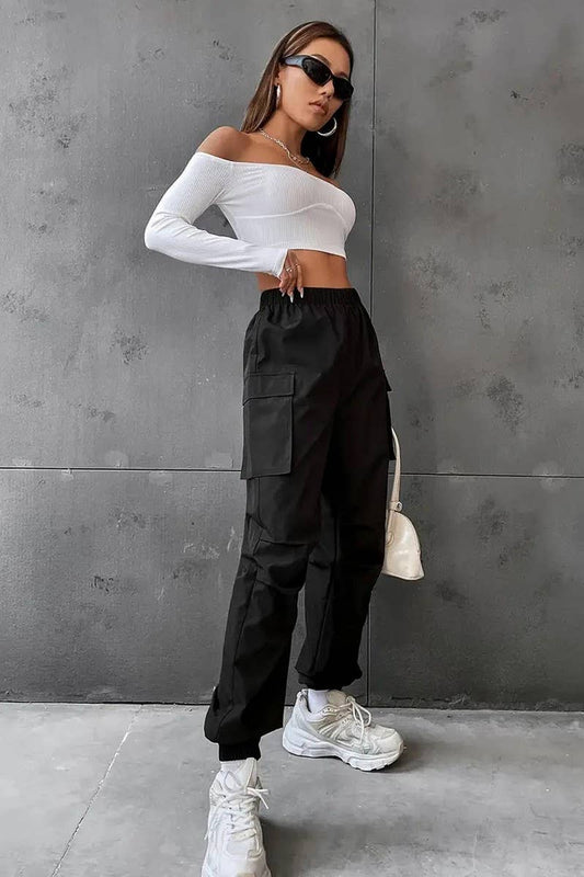CWBLP2077_ELASTIC WAIST DRAWSTRING STRAIGHT JOGGER PANTS