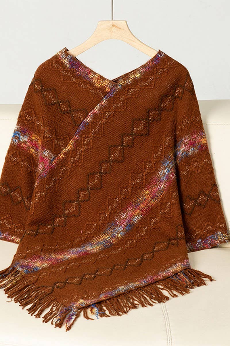 CWOSWS0095_COLORFUL STRIPED KNITTED FRINGE CAPE SHAWL