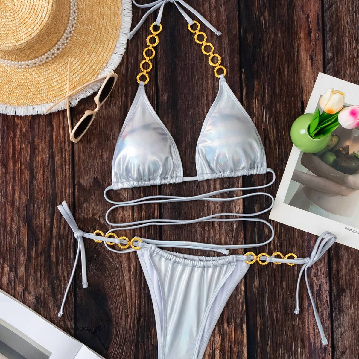 Iridescent Bikini Set - Sexy Chain Detail Swimsuit