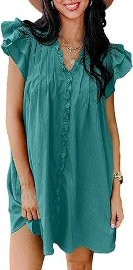 Fashionable V-neck ruffled short-sleeved dress