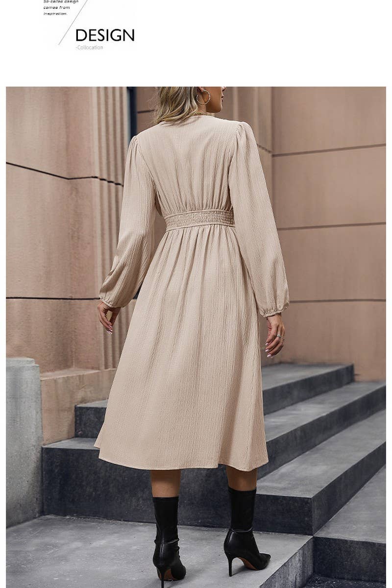 CWDMD3561_V-NECK SOLID COLOR LONG SLEEVE SLIT DRESS