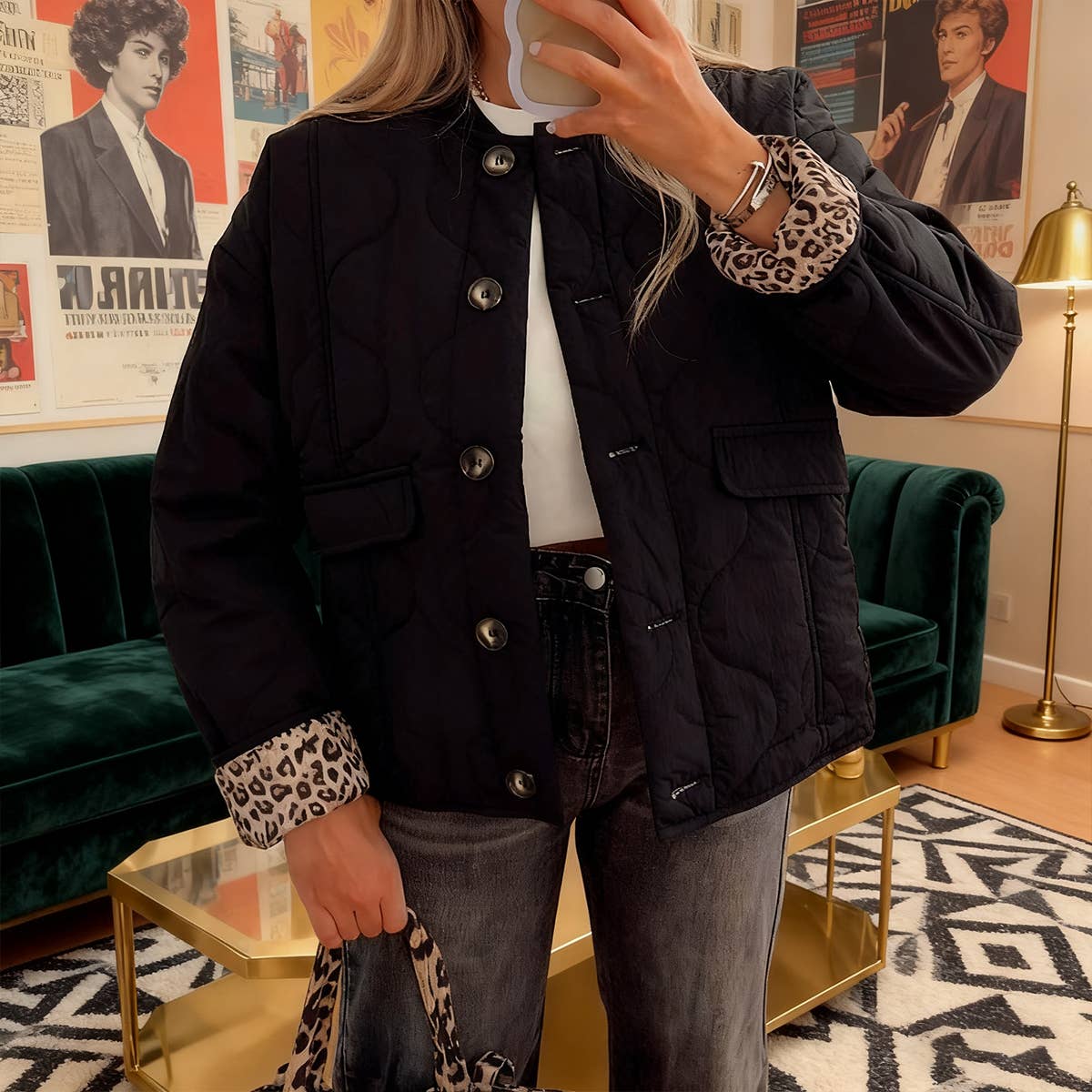 Leopard print patchwork loose retro coat