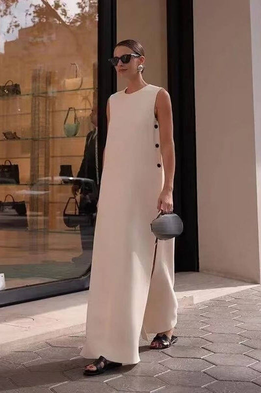 CWDMD2734_SOLID COLOR ROUND NECK SLEEVELESS SLIT LONG DRESS