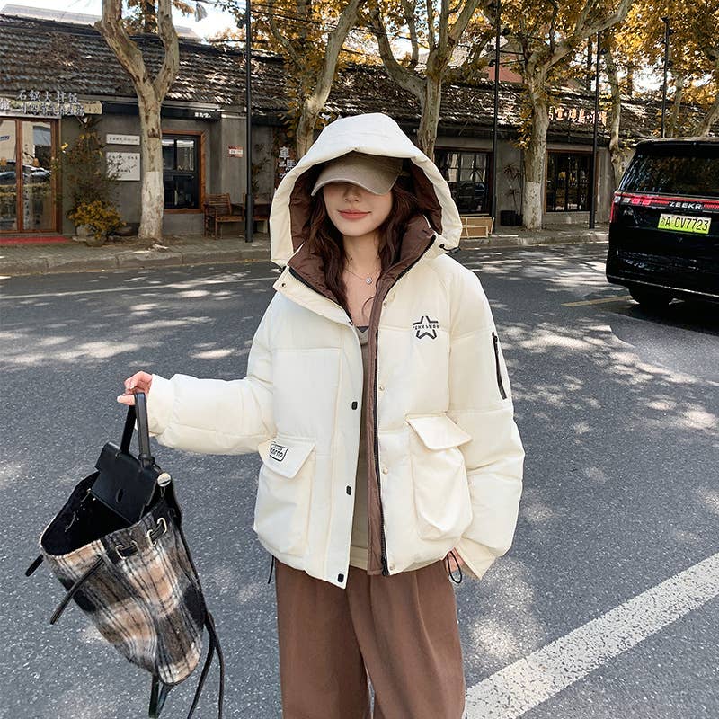 Solid color hooded warm winter padded jacket