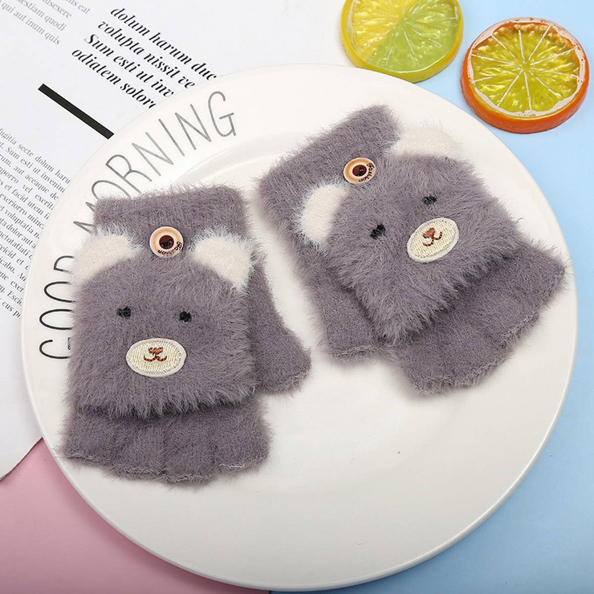 WINTER CARTOON HALF-FINGER FLIP VELVET GLOVES_CWAG0171