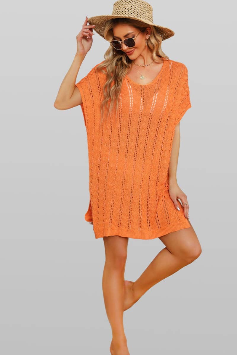 CWDSD3930_SOLID COLOR CUT-OUT SPLIT BEACH DRESS SMOCK