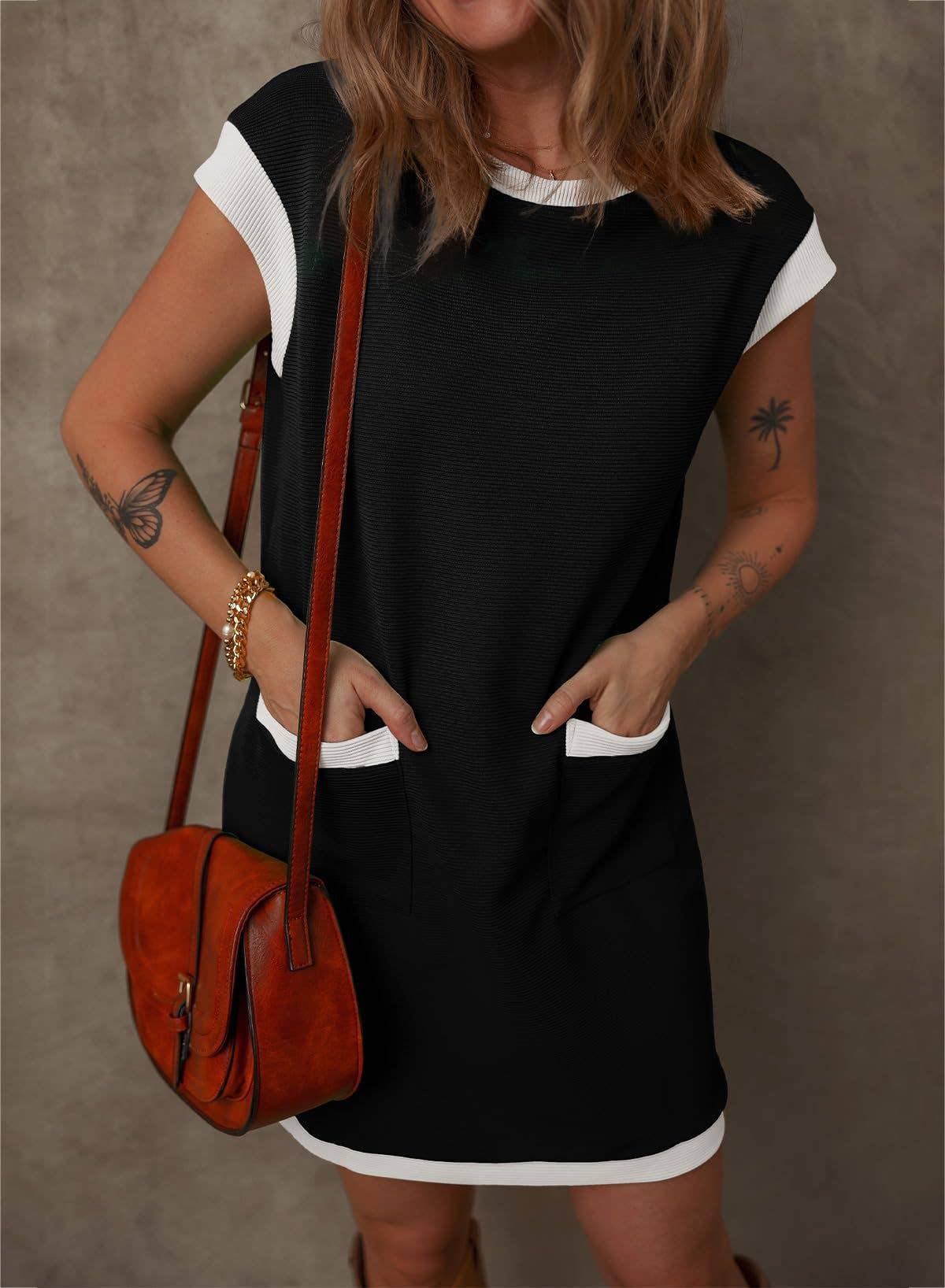 Women¡¯s colorblock pocket sleeve mini dress