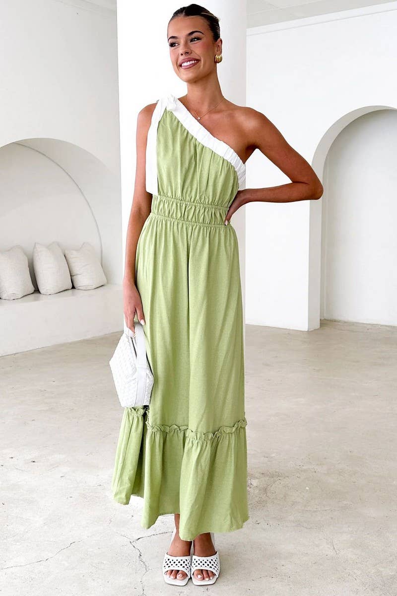 CWDMD5178_CASUAL WAIST SOLID COLOR ONE SHOULDER DRESS