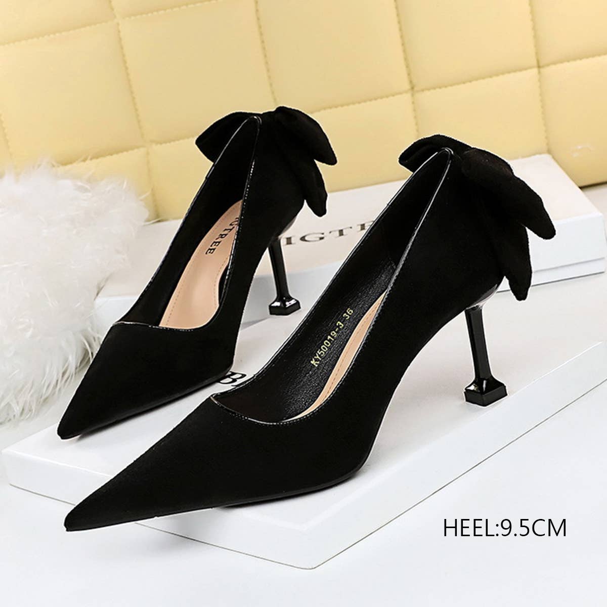 WOMEN SUEDE SHALLOW POINTED TOE BOW HIGH HEELS
