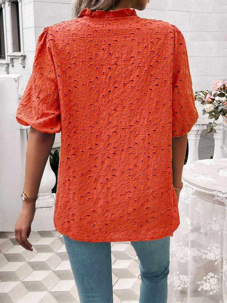TEMPERAMENT PUFFED SLEEVE EMBROIDERED SHIRT