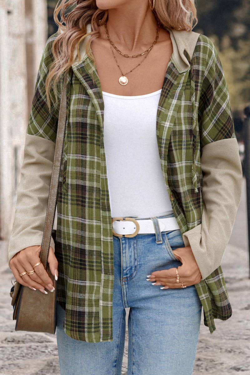 CWOHOL1105_CASUAL PLAID LONG SLEEVE HOODED PANEL SHIRT