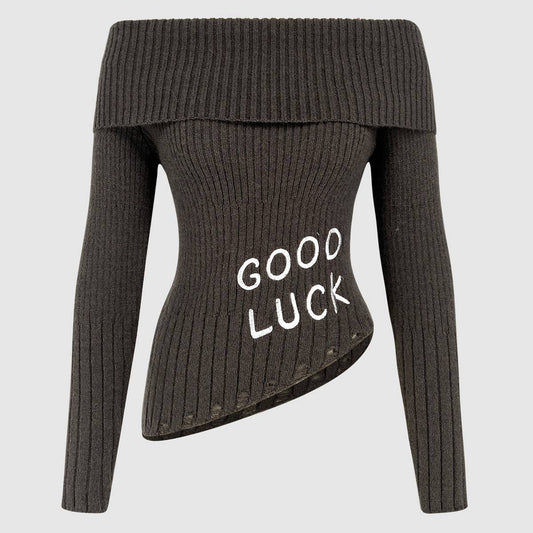 Goodluck Letter Slim-Fit All-In-One Hem Sweater