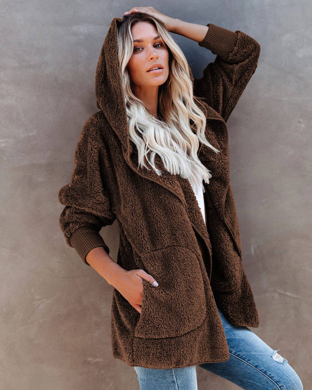 LONG SLEEVE CASUAL HOODED SOLID COLOR CARDIGAN