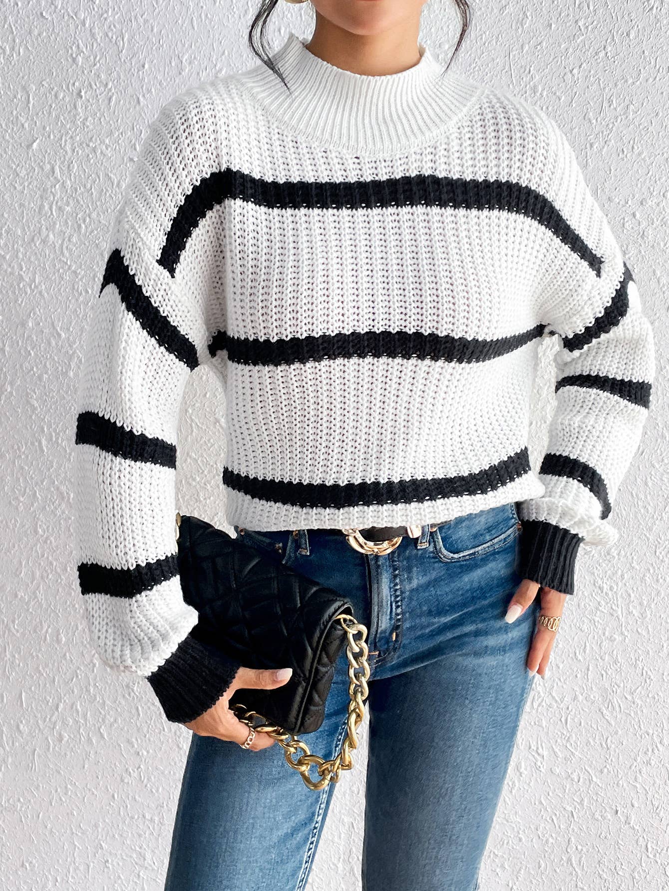 CWOSWL1164_Turtle Neck Long Sleeve Pullover Striped Sweater