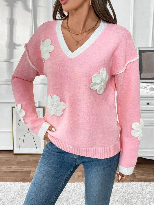V-NECK THREE-DIMENSIONAL APPLIQUE PINK SWEATER