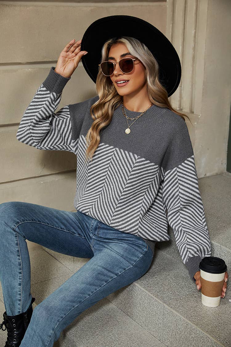 SLOUCHY STRIPED CASUAL LONG-SLEEVED KNIT SWEATER