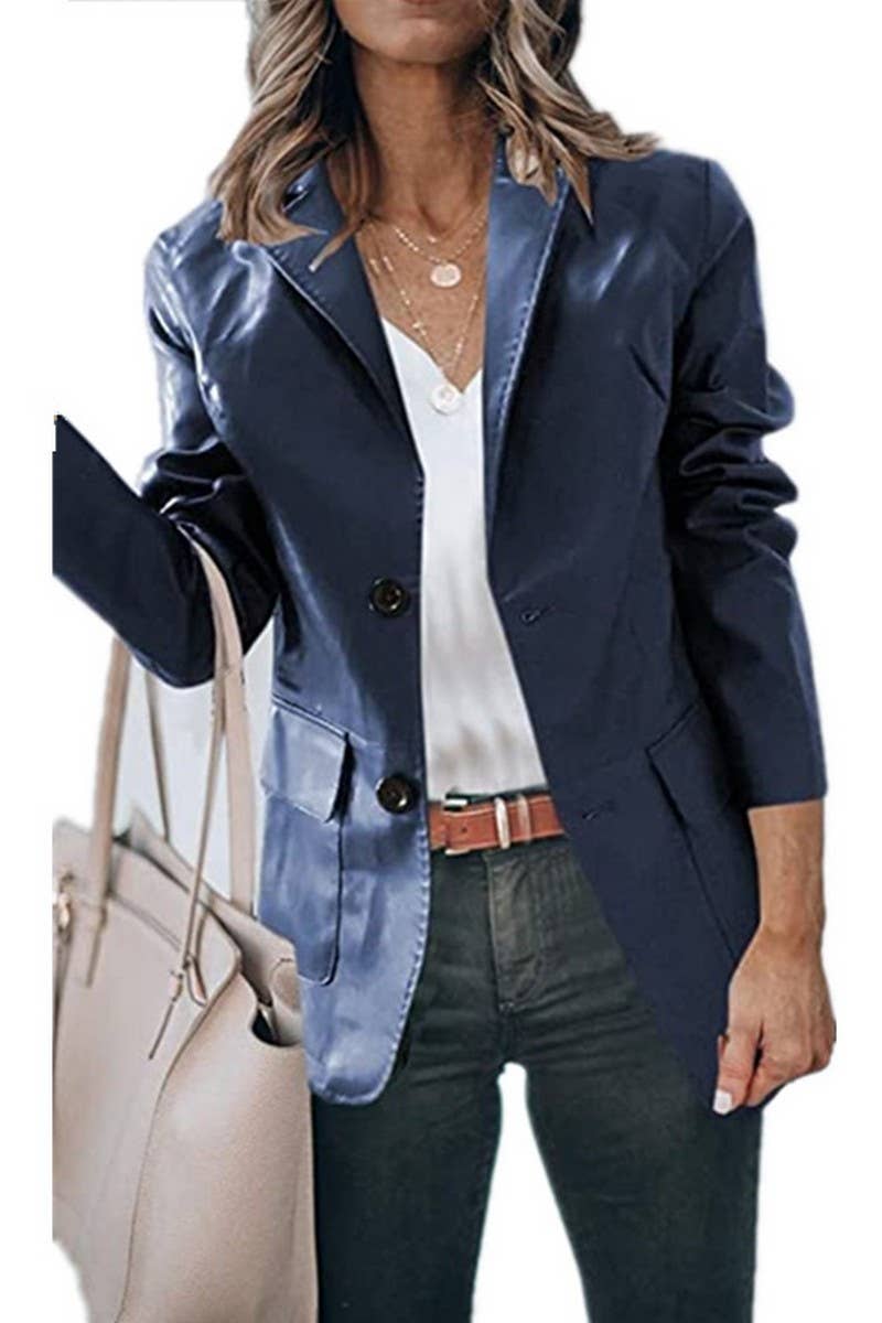 CWOCO0982_LAPEL SINGLE BREASTED SOLID COLOR PU LEATHER COAT