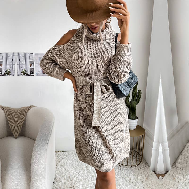 KNIT CUT-OUT OFF-THE-SHOULDER TURTLENECK DRESS