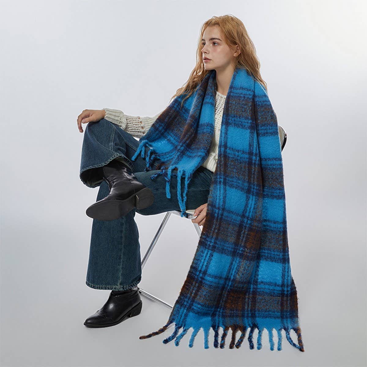 Wide Faux Cashmere Tassel Scarf-Winter Plaid Shawl