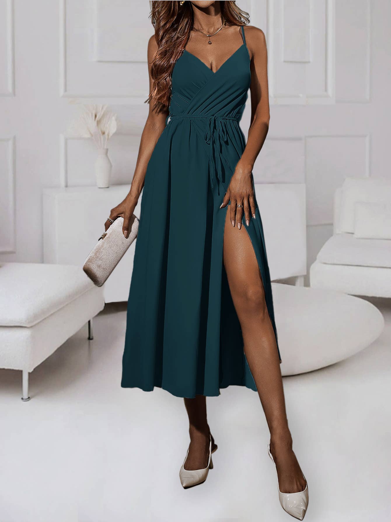 Long halter dress with solid color strap waist