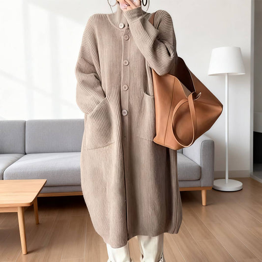 Single-breasted solid-color mid-length cardigan