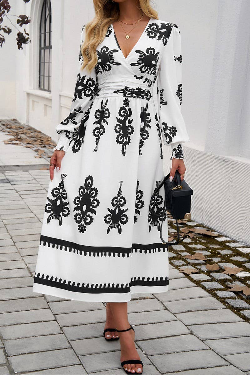 CWDMD4866_V-NECK ELEGANT CONTRAST COLOR LONG SLEEVE DRESS