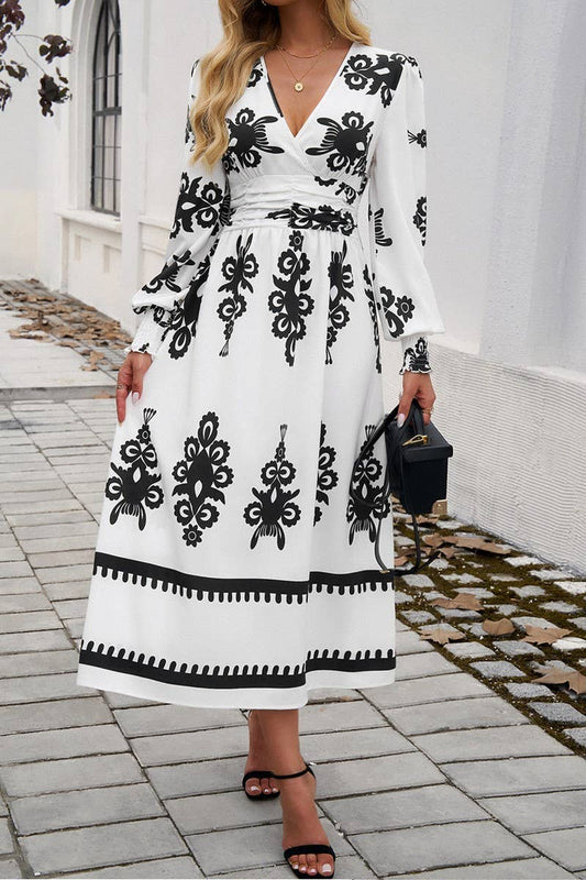 CWDMD4866_V-NECK ELEGANT CONTRAST COLOR LONG SLEEVE DRESS