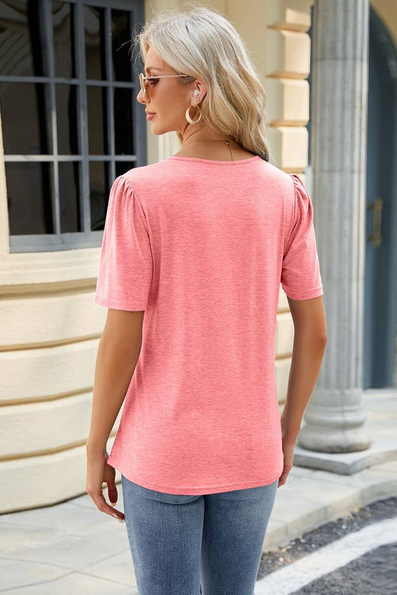 Cwtts0895_Solid Color U Neck Pleated Top T Shirt