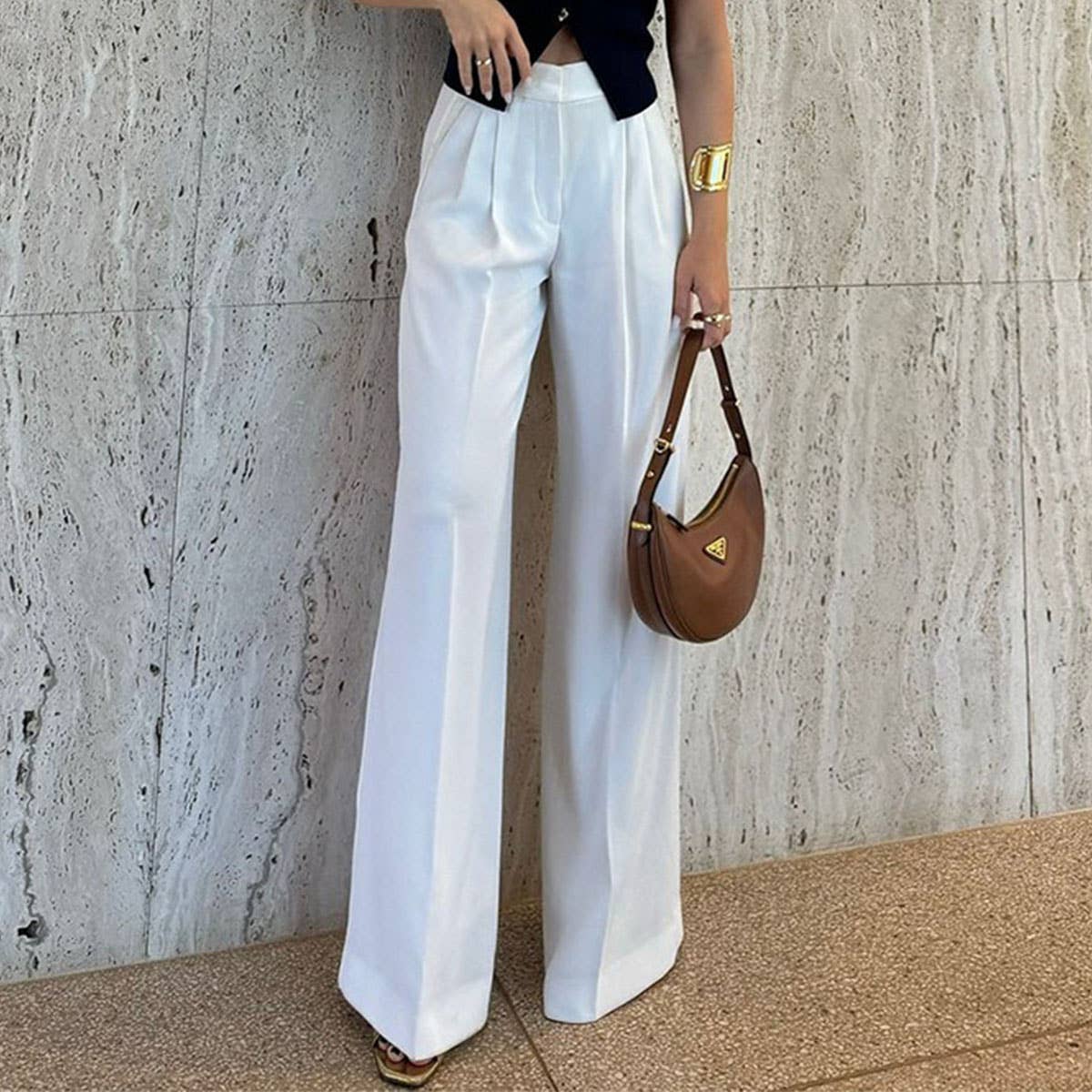 Versatile solid-colored loose wide-leg trousers