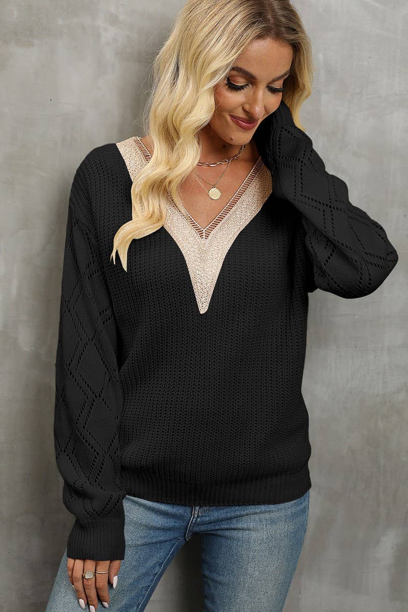 CWOSWL07367_V NECK LACE TRIM LOOSE PULLOVER KNIT SWEATER