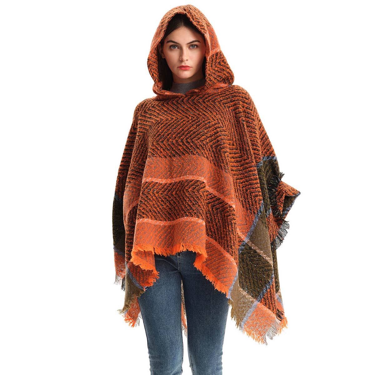 WOMEN HERRINGBONE PATTERN HOODED SHAWL