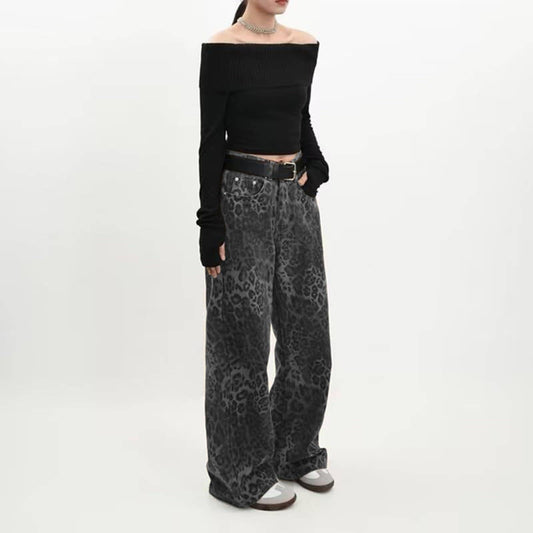Retro leopard print loose casual wide-leg jeans
