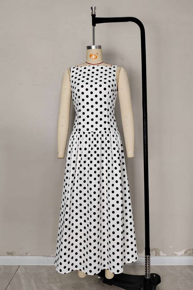 CWDMD6426_SLEEVELESS CREW NECK POLKA DOT PULLOVER DRESS