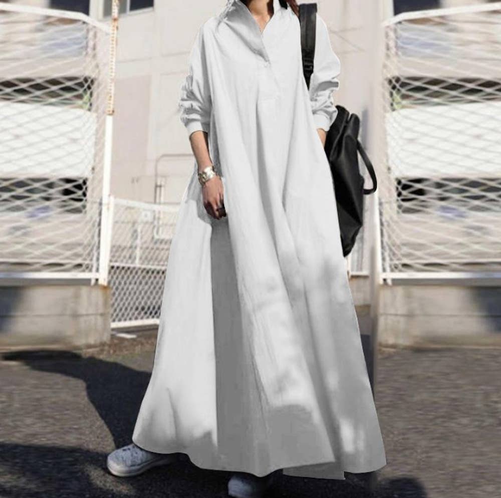 Retro long-sleeved lapel loose wide-hem dress