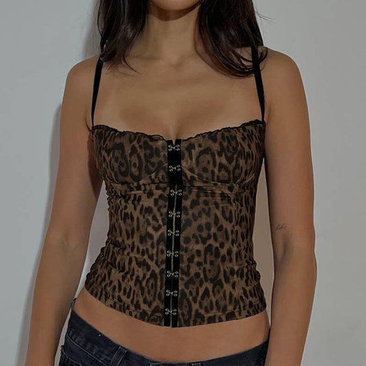 Sexy wood ear lace leopard print halter top