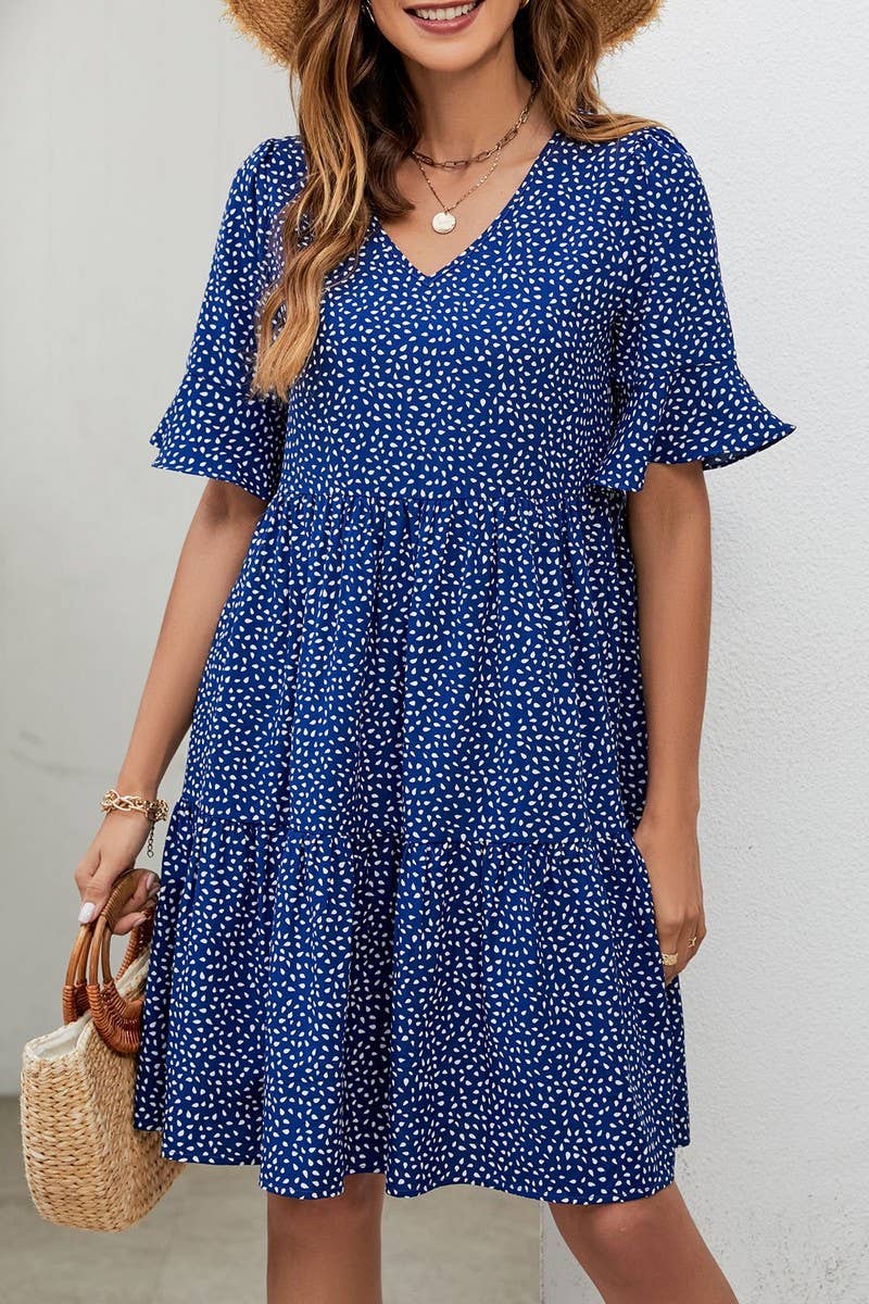 CWDSD2700_V-Neck Short-Sleeved Layered A-Line Dress