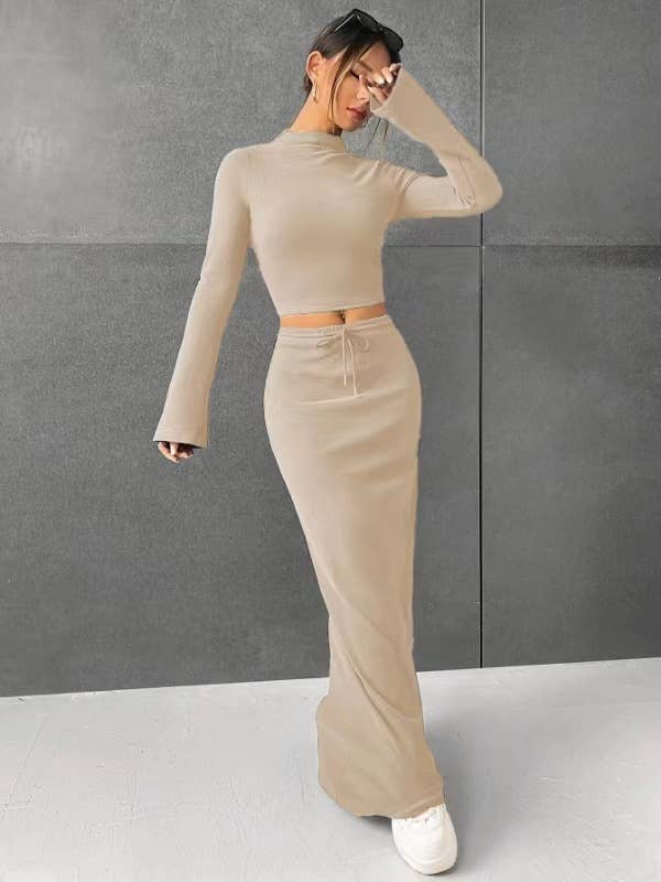 SOLID COLOR LONG SLEEVE TOP LONG SKIRT SET