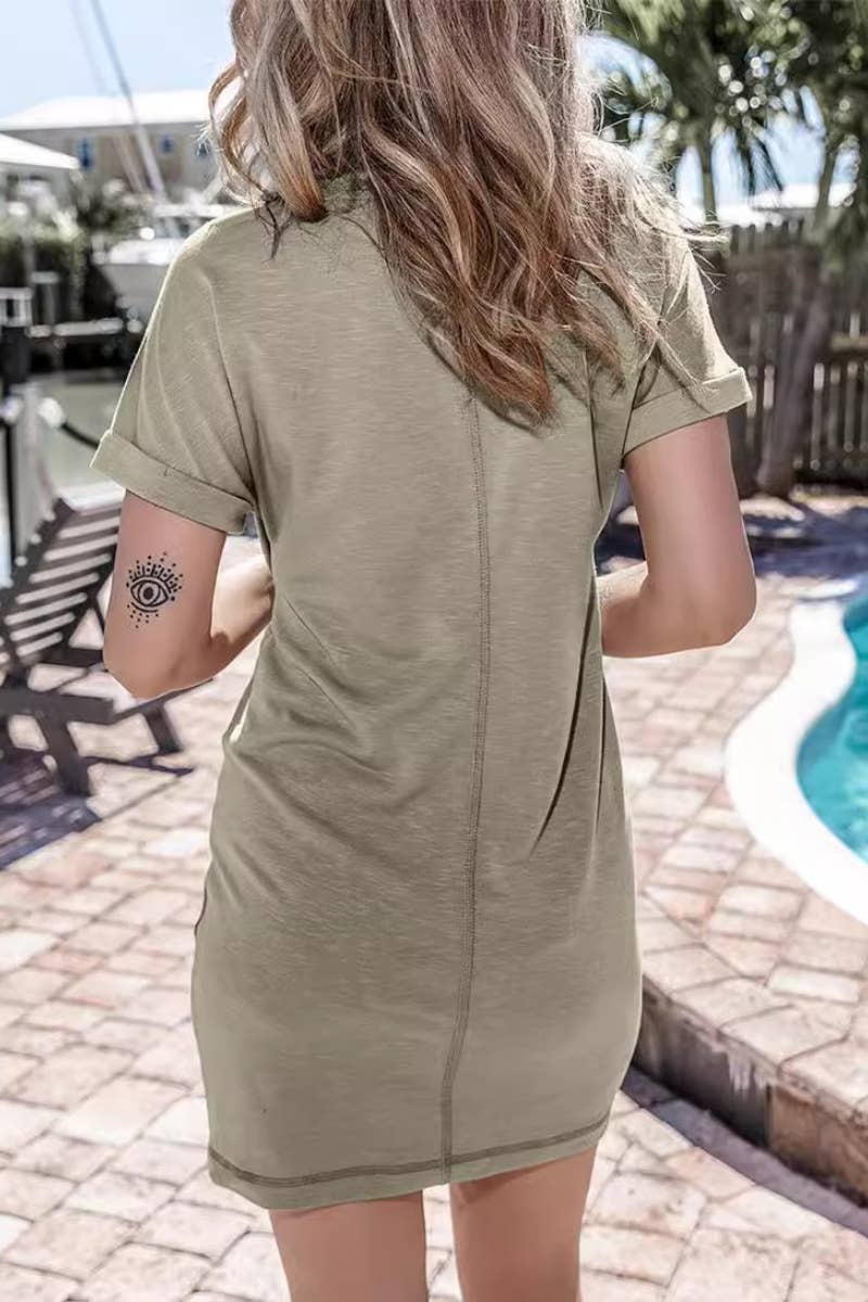 CWDSD5567_ROUND NECK SHORT SLEEVE SLIT DRESS SHORT