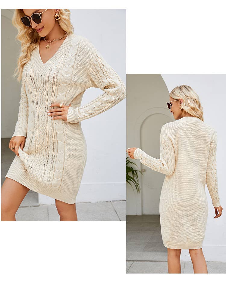 Solid color V-neck floral long sweater dress