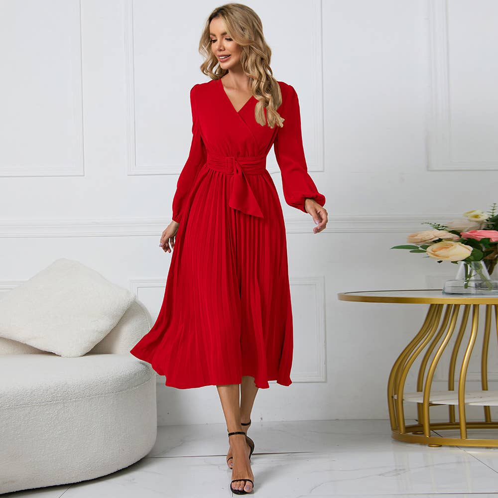 LONG SLEEVE PLEATED BELT SOLID COLOR V-NECK DRESS